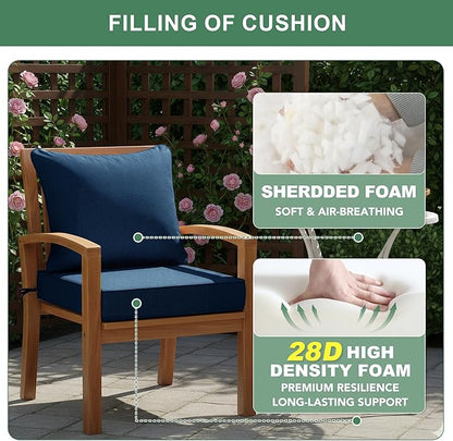 Summsun Outdoor Chair Cushions, Faux Linen Backrest and Deep Seat Cushion Set for Patio Furniture with Weather Resistant Removable Cover, Ties, Non-Slip Bottom, 22 x 22 Inch, Navy