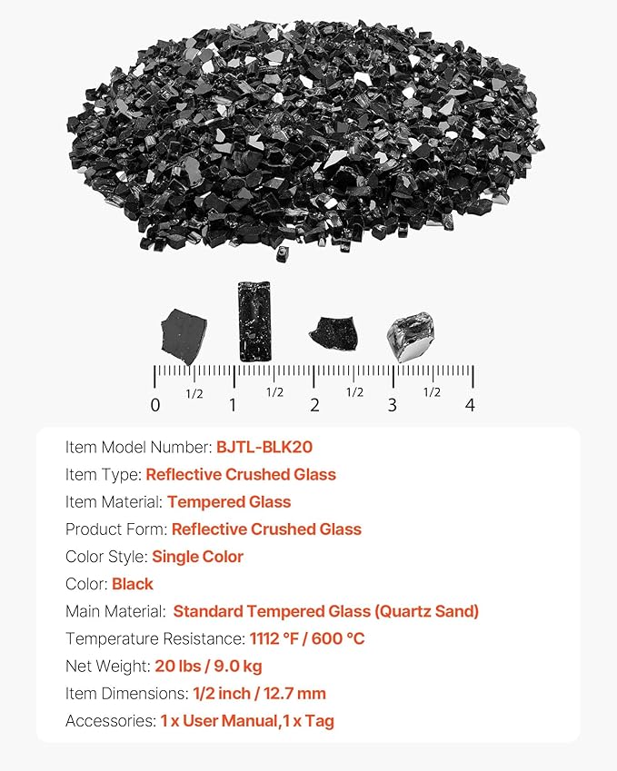 VEVOR Fire Glass, 20 LBS / 9.0 KG High-Temperature Resistant Fireplace Rocks, 1/2-Inch / 12.7 mm Reflective & Smokeless Firepit Glass Rock, High Luster Stone Landscaping for Fire Pit Table, Black