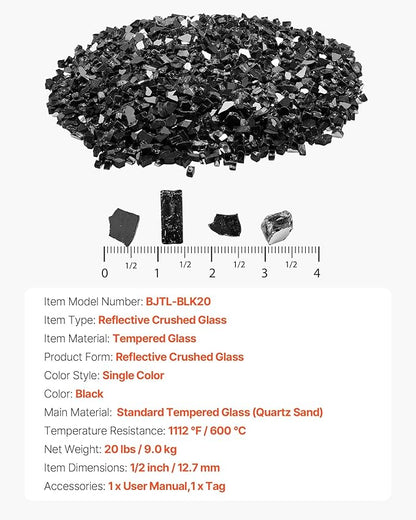 VEVOR Fire Glass, 20 LBS / 9.0 KG High-Temperature Resistant Fireplace Rocks, 1/2-Inch / 12.7 mm Reflective & Smokeless Firepit Glass Rock, High Luster Stone Landscaping for Fire Pit Table, Black