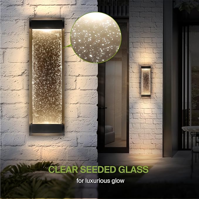 ASD LED 18" Bubble Glass Wall Light Fixture, Outdoor & Indoor Seeded Sconce | 3CCT, Waterproof, Dimmable, Up-Down Glow, ETL Listed | 22W 520LM 3000-5000K 100-277V | Porch Lighting | Black, 2 Pack