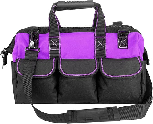 Garden Tools Bag 16 inch Wide Mouth Tool Bag with Molded Base Tool Tote for Women, Heavy Duty,600D polyester fabric (Purple color)