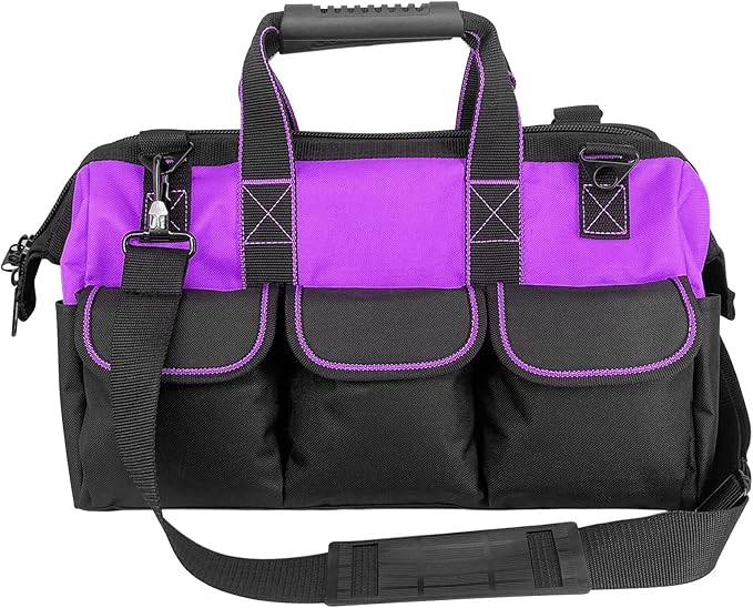 Women Heavy Duty Tool Bag with Molded base,Garden Storage Organizer for Tools,16 x 7.5 x 10.5 inches,600D Polyester Fabric (Purple)