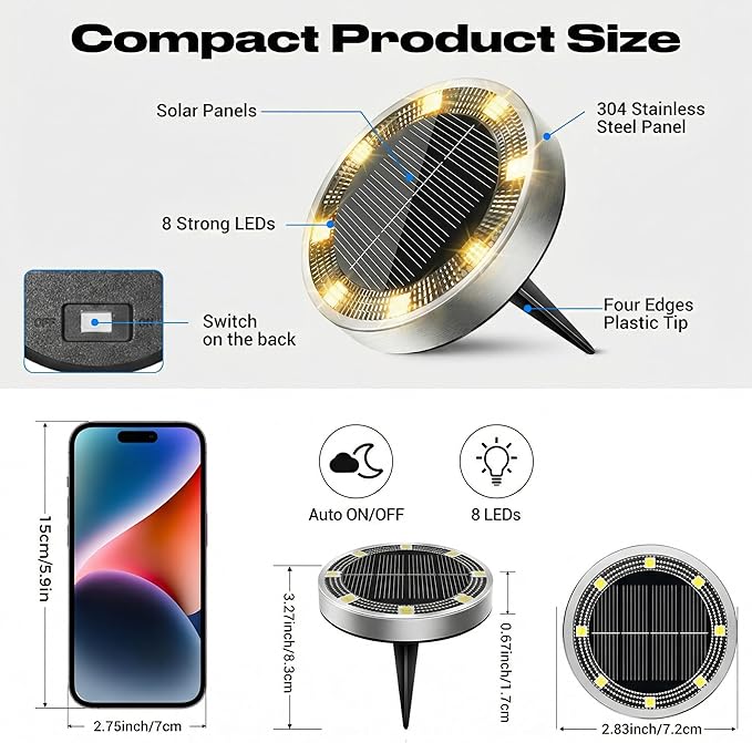Peasur Solar Lights Outdoor Waterproof -12 Pack Solar Ground Lights Anti-Rust, Flat Solar Powered Disc Lights Landscape Lighting for Deck Step Patio Yard Pathway Walkway Driveway Garden, Warm White