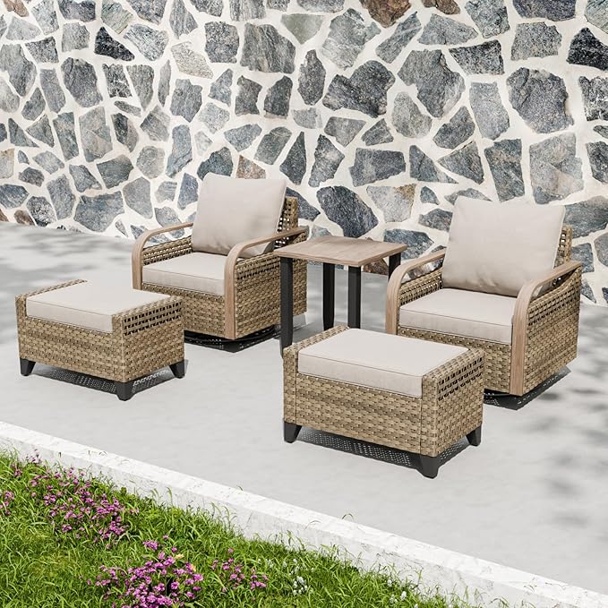 Modern Wicker Bistro Table and Chairs Set, Rattan Outdoor Bistro Set with Swivel Rocking Chairs, Ottomans & Table, 5 Pieces, Brown/Gray