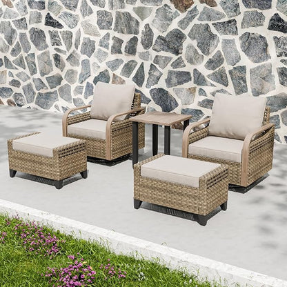Modern Wicker Bistro Table and Chairs Set, Rattan Outdoor Bistro Set with Swivel Rocking Chairs, Ottomans & Table, 5 Pieces, Brown/Gray