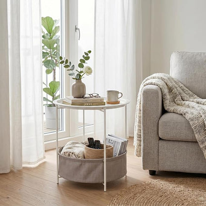 VECELO Round Side/End Table with Fabric Storage Basket，Metal Anti-Rust and Waterproof Small Bedside Nightstand with Removable Tray Top for Living Room，Balcony & Laundry，Beige/2pcs with Basket