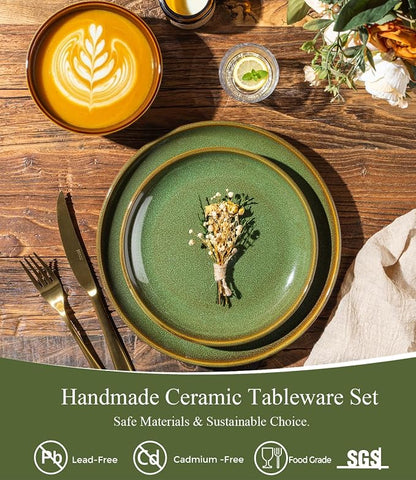 LERATIO Ceramic Dinnerware Sets for 4, 12 Pieces Ceramic Plates and Bowls Sets, Scratch Resistant Dish Set, Oven, Microwave & Dishwasher Safe-Sage Meadow Green
