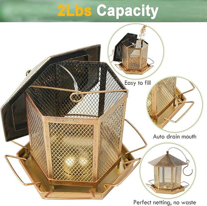 Hexagonal Gazebo Bird Feeders, Metal Hanging Wild Finch Bird Feeder, Outdoor Weatherproof Birdfeeder for Garden Patio Backyard Lawn Decor