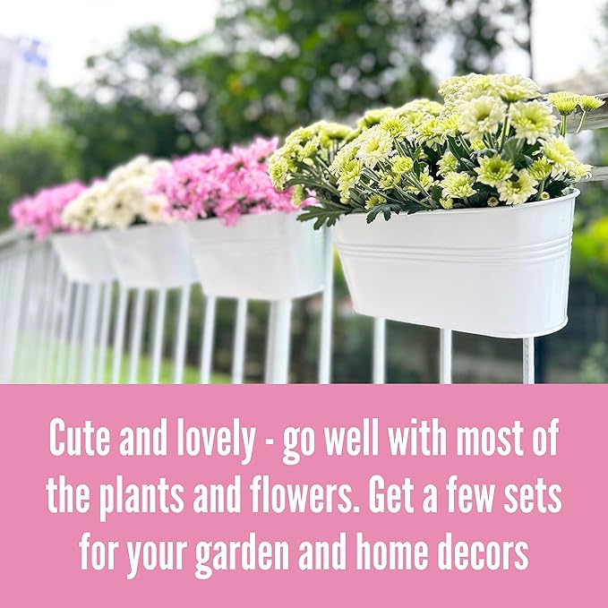 LaLaGreen Rail Planter Outdoor Plants (2 Pack, 9.8 Inch) Small and Cute Metal Iron Hanging Flower Pots Deck Railings White Fence Modern Garden Boho Style Wall Mount Window Box Plant Holder Porch Decor