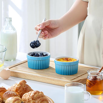 MALACASA Ramekins 4 oz Oven Safe, Small Ceramic Souffle Dishes for Creme Brulee Souffle, Stoneware Custard Cups Ramiken for Baking, Baking Bowls Dipping Sauce Dish Set of 6, Blue, Series RAMEKIN-DISH