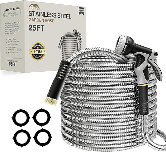 Lefree 25FT Stainless Steel Garden Hose, Lightweight Kink‑Free Leak‑Proof with Upgraded Rubber Sleeve, 10‑Pattern Nozzle for Patio, Backyard, Car Washing & Pet