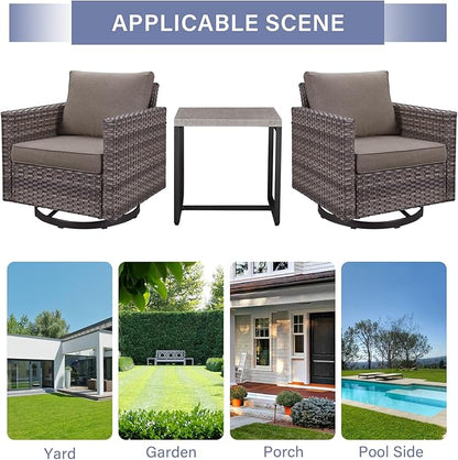 Outdoor Patio Swivel Rocker Chairs - 3 Piece Wicker Patio Furniture Bistro Swivel Rocking Chairs Set with Comfortable Cushions,Sturdy Metal Frame and Side Table for Porch Deck(Mixed Grey/Grey)