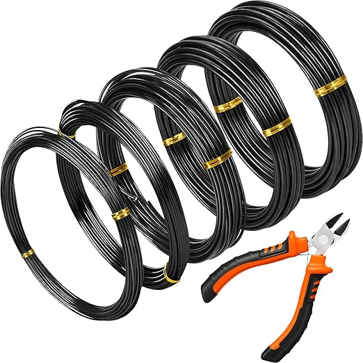 Mudder 5 Roll Aluminum Bonsai Training Wire Tree 1/1.5/2.0/2.5/3mm 118 Feet Total with Bonsai Wire Cutter Anodized Training for Holding Branches Small Trunks(Black)