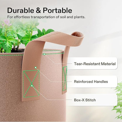 VIVOSUN 5-Pack 10 Gallons Grow Bags Heavy Duty Thickened Nonwoven Fabric Pots with Strap Handles Tan