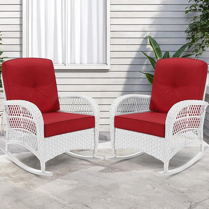 VIVIJASON 2 Piece Patio Wicker Rattan Rocker Chair, Outdoor Rattan Rocker Chair with Cushions & Steel Frame, All-Weather Rocking Lawn Wicker Furniture for Garden Backyard Porch (White Wicker/Red)
