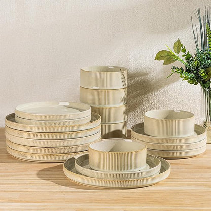 TheTerra Ceramic Dinnerware Set for 6, 18-Piece Plates and Bowls Set | Lightweight Porcelain Dish Set, Scratch Resistant, Oven & Microwave & Dishwasher Safe, Cappuccino