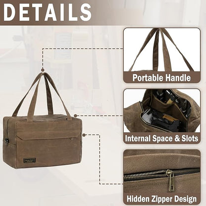 Tool Storage Bag | 16OZ Waxed Canvas Tool Tote Bag with Convenient Handle & Smooth Zipper - for Wrench Set Hammer Pliers, Multi-Purpose Gardening Carrier Bag with 6 Pockets | Grey | Small