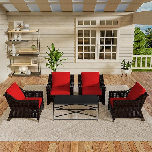 Vista Vibe 5 Pieces Outdoor Rattan Patio Conversation Furniture Set - 4 Wicker Chairs | Steel Coffee Table, Premium & Washable Cushions, Living Room, Poolside (Brown/Red)