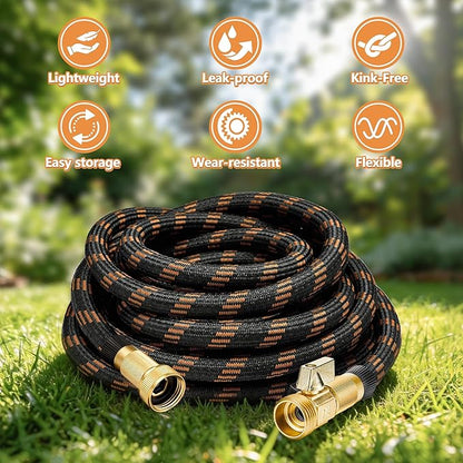 Flexible Garden Hose 100 FT, Ultra Lightweight Water Hoses w/10 Function Sprayer and 3/4" Brass Fittings, Kink-Free, Sturdy, Abrasion Resistant for Yard, Lawn, Outdoor and Gardening(Black Orange)