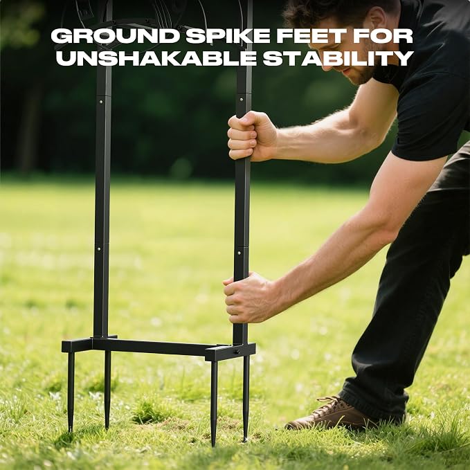 FLORA GUARD Garden Hose Holder Stand for Outside, Heavy Duty Freestanding Hose Hanger with 4 Long Spikes, Holds 160 ft Hose, Rustproof Metal Hose Storage Rack for Yard Lawn