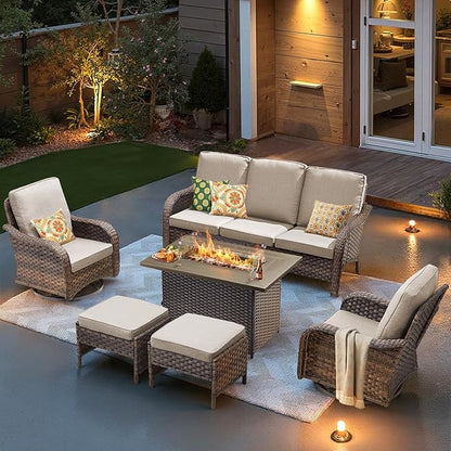 Patio Furniture Set with 42.5" Fire Pit Table-6 Pieces All Weather Wicker Outdoor Furniture with High Back Swivel Patio Chairs Set of 2 Outdoor Couch for Deck Balcony Backyard Brown/Beige