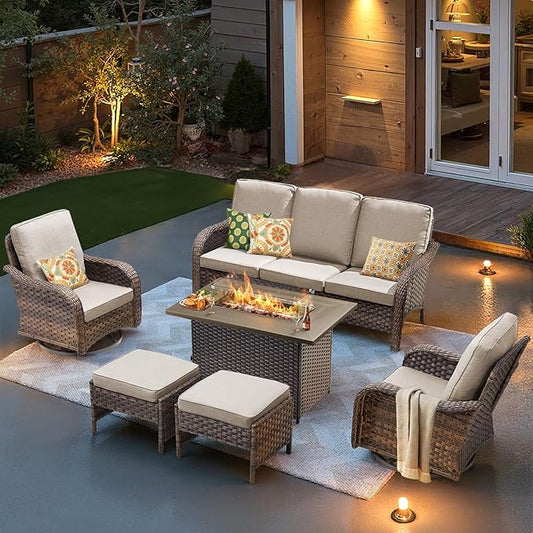 Patio Furniture Set with 42.5" Fire Pit Table-6 Pieces All Weather Wicker Outdoor Furniture with High Back Swivel Patio Chairs Set of 2 Outdoor Couch for Deck Balcony Backyard Brown/Beige
