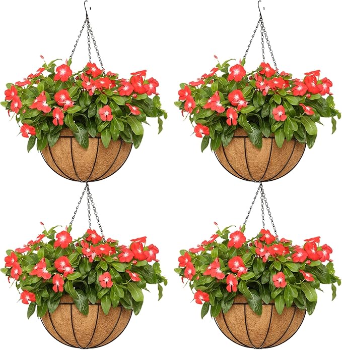 8 inch Metal Hanging Baskets For Plants Outdoor 4 Pack Round Metal Wire Hanging Basket Planter with Coco Fiber Liners Chain Round Wire Plant Holder for Garden, Patio, Deck, Porch Plants Flower Potss