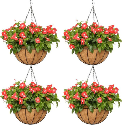 8 inch Metal Hanging Baskets For Plants Outdoor 4 Pack Round Metal Wire Hanging Basket Planter with Coco Fiber Liners Chain Round Wire Plant Holder for Garden, Patio, Deck, Porch Plants Flower Potss