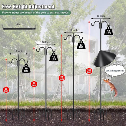 Gtongoko Squirrel Proof Bird Feeder Pole, 108 Inch Double Shepherds Hook with 19 Inch Squirrel Baffle, Heavy Duty Adjustable Outdoor Bird Feeder Stand with 5-Prong Base for Garden, Plants, Black