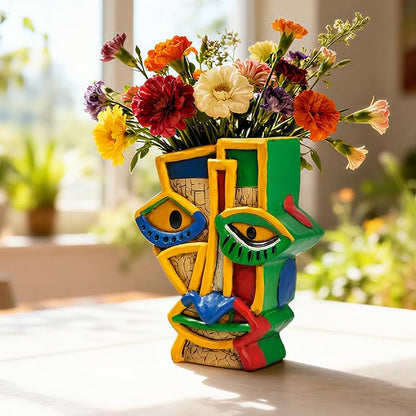 Abstract Face Planter Pot with Drainage Hole - 7.4 Inch Unique Picasso Head Flower Pot, Colorful Resin Art Decor for Indoor Plants, Cute Home & Garden Decor for Succulents