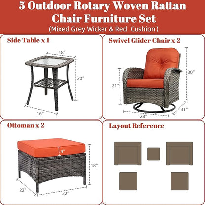 5 Piece Outdoor Patio Furniture Set,Wicker Patio Conversation Set with Swivel Glider Chairs,Wicker Rocking Swivel Chairs Set with Ottomans/Side Coffee Table for Backyard,Deck,Balcony,Red