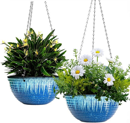 12 inch Large Hanging Planters for Indoor Outdoor Plants, Set of 2 Glazed Hanging Flower Pots with Drainage Hole, Hanging Baskets for Garden Home Porch Decor