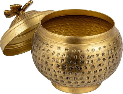 Creative Co-Op Round Hammered Metal Container with Butterfly Finial, Brass Finish