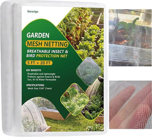 Ultra Fine Mesh Garden Netting, Durable Insect Netting for Plant Protection, 5 x 20FT Raised Bed Cover, Row Cover Pest Barrier for Vegetables, Fruit Trees, Flowers