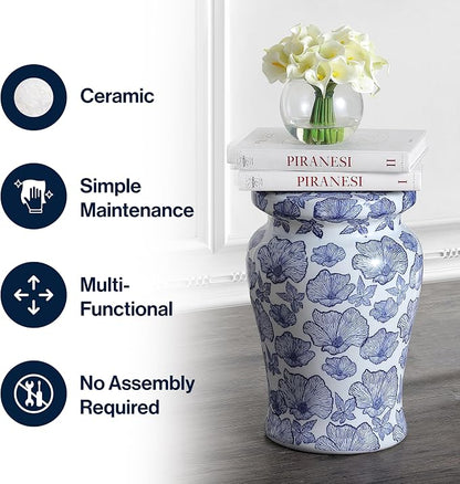 JONATHAN Y Poppies 17.75" Ceramic Drum Garden Stool, Traditional White and Blue Floral Chinoiserie Indoor/Outdoor Side Table, Plant Stand, Patio, White/Blue TBL1018A