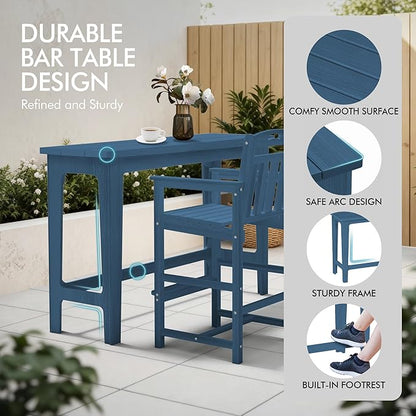 Ciokea Heavy-Duty Outdoor Bar Set, Rectangle High Top Table and 2 Oversized Adirondack Chairs Set, HDPE Modern Patio Bar Set for Outside Bistro Backyard Balcony Deck Outside, Navy Blue