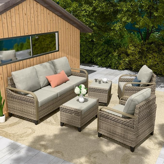 COOS BAY Modern Wicker Outdoor Furniture Set, Patio Conversation Set with Patio Chairs, 3 Seat Couch, and Ottomans, 5 Piece, Brown/Gray