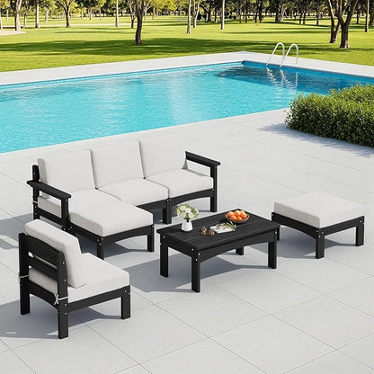 SERWALL HDPE Patio Furniture Set,7 Pieces Patio Conversation Set, All-Weather Modular Patio Sofa Set with Removable Cushions and Coffee Table for Deck, Garden, Porch, Black Frame with Khaki Cushion