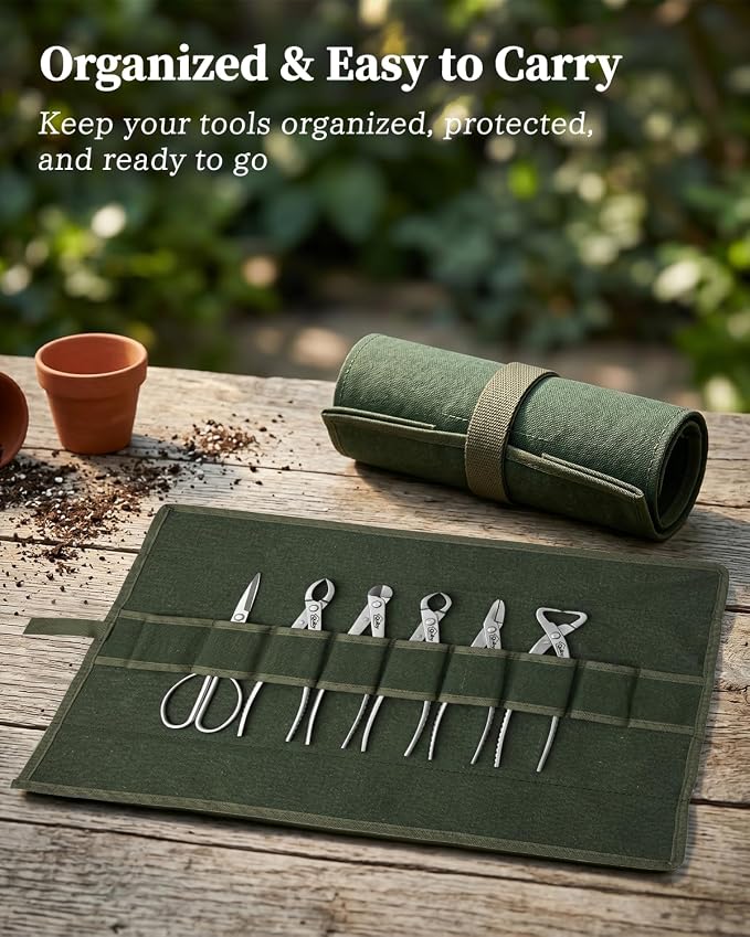 6-Piece Bonsai Tools Set with Tool Roll Bag Organizer, Heavy Duty Bonsai Tree Kit, Include Concave Cutter, Knob Cutter, Trunk Splitter, Bonsai Scissors, Wire Cutter, Jin Pliers