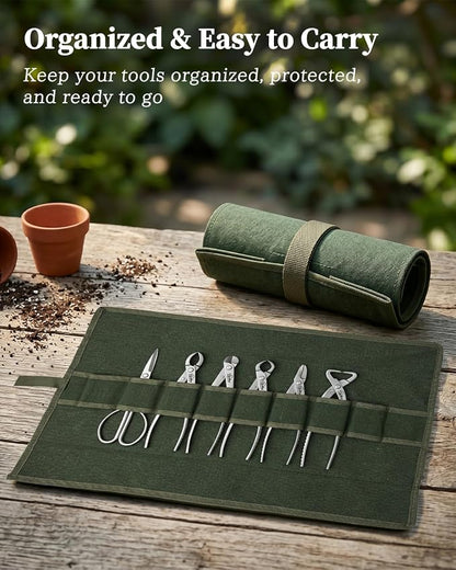 6-Piece Bonsai Tools Set with Tool Roll Bag Organizer, Heavy Duty Bonsai Tree Kit, Include Concave Cutter, Knob Cutter, Trunk Splitter, Bonsai Scissors, Wire Cutter, Jin Pliers