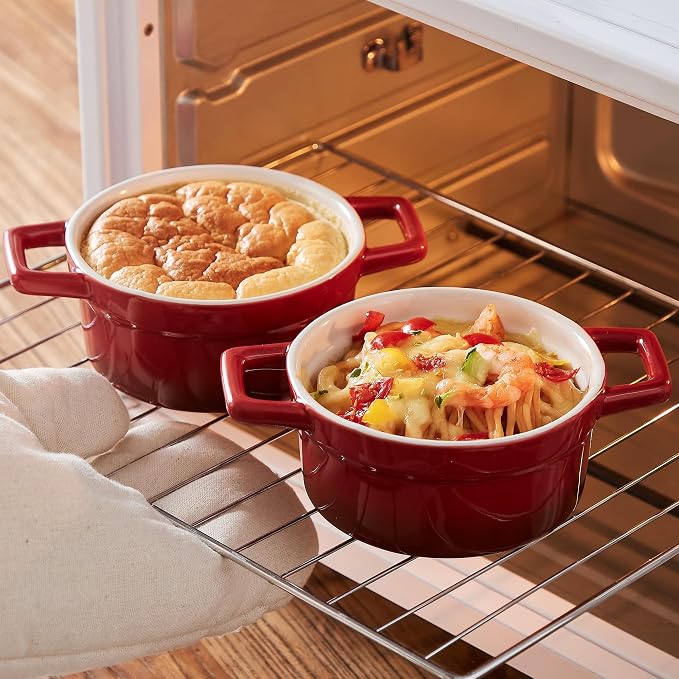 Lareina Mini Cocotte - 12oz Ceramic Casserole Dishes - Kitchen Casserole Sets With Handles And Lid - Small Baking Ramekins - Oven, Microwave & Dishwasher Safe - Set of 4 - Red | Small casserole ramekins with handles, oven, microwave & dishwasher safe. ...