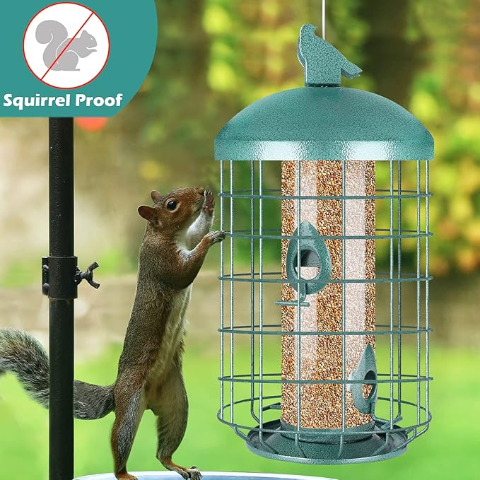 Yinns Caged Bird Feeder for Outside, Large Squirrel Proof Metal Bird Feeders 3 Lbs, Wild Bird Feeder Hanging Outdoors Tube Feeders with 4-Ports, Waterproof (Green)