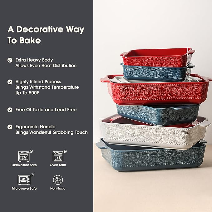 Ceramic Baking Dish Set of 3, Casserole Dishes for Oven, Ideal for Baking, Stewing, Roasting, and Holiday Feasts. The Gift for Mother's Day, Thanksgiving, Christmas, or Housewarming(Christmas Red）