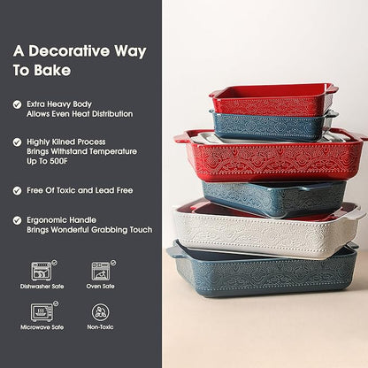 Ceramic Baking Dish Set of 3, Casserole Dishes for Oven, Ideal for Baking, Stewing, Roasting, and Holiday Feasts. The Gift for Mother's Day, Thanksgiving, Christmas, or Housewarming(Christmas Red）