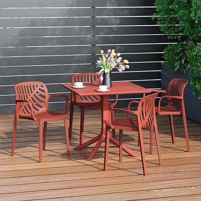 Costaelm Breakfast Table Set for 4, HDPE Patio Square Dining Table and Stackable Chairs, Outdoor Small Patio Furniture Set All Weather for Backyard Porch Poolside, Red