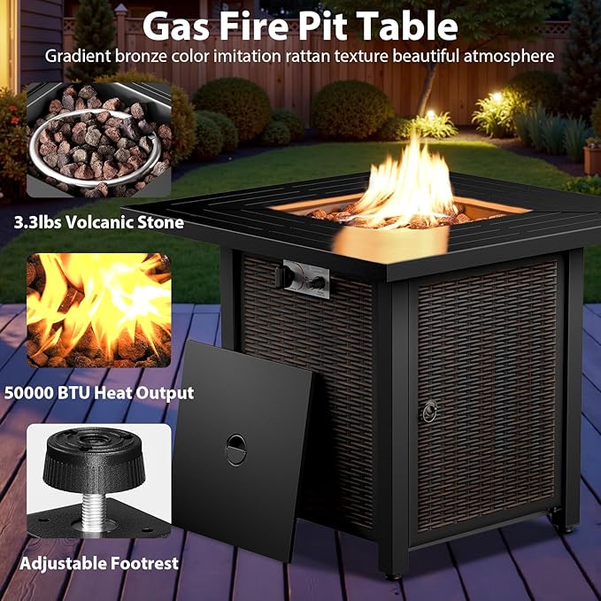 7 Piece Patio Furniture Set with Fire Pit Table - Wicker Patio Conversation Set with 4 Swivel Glider Chairs and 2 Tempered Glass Side Tables for Deck Backyard - Grey Wicker Red Cushion