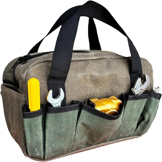 12 Inch Heavy Duty Waxed Canvas Tool Bag Organizer, Wide Mouth Tool Tote Bag, Small Tool Bag for Men Electrician Technician Mechanic Plumbing(Brown/Cyan, 12 Inch)