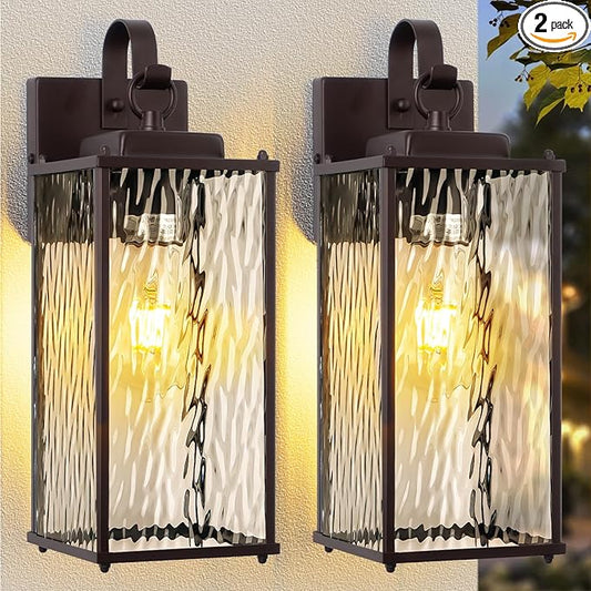 Oil Rubbed Bronze Outdoor Light Fixtures Water Ripple Glass 15” 2 Pack, Vintage Brown Exterior Lights for House IP65 Waterproof Outside Wall Sconce Lighting Coach Lights Patio Wall Lanterns