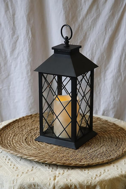 YAKii 13" Decorative Candle Lantern with LED Flameless Candle and Timer, Plastic LED Candle & Holder, Indoor & Outdoor Hanging Lights Thanksgiving &Christmas Day Decorations (Black)