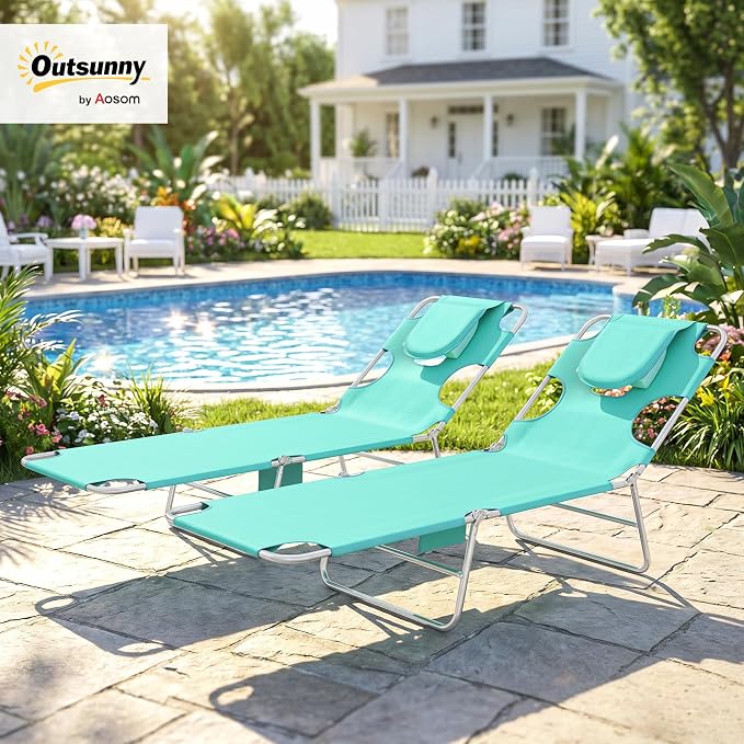 Outsunny Chaise Lounge Chairs Set of 2 Outdoor with Face Arm Hole, 5-Position Reclining Face Down Tanning Chairs with Carry Strap, Side Pocket, Portable Folding Bed Cots for Patio Pool, Light Green